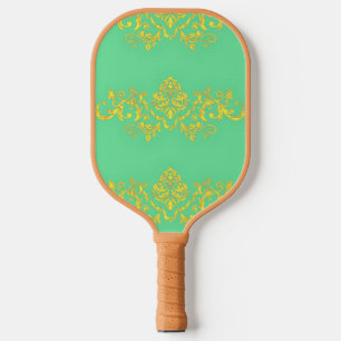 Gold damask pattern on green pickleball paddle