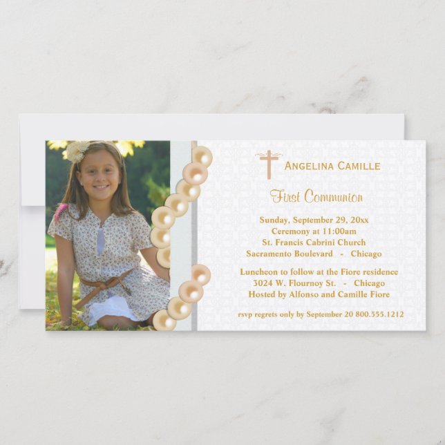 Gold Damask Pearls First Communion Photo Invite (Front)