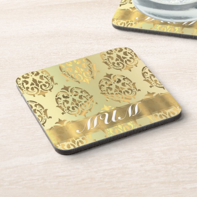 Gold damask personalised mother coaster (Left Side)