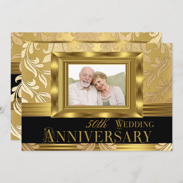 Gold Damask Photo 50th Wedding Anniversary Invitation (Front/Back)