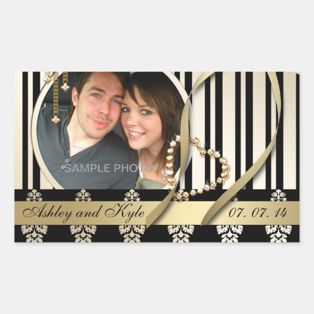 Gold Damask Photo Names Save the Date Labels (Front)