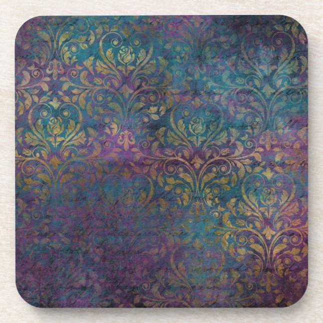Gold Damask Purple Pink Teal Coaster (Front)