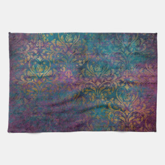 Gold Damask Purple Pink Teal Tea Towel