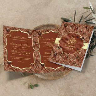 Gold Damask Rust Orange Islamic Muslim Wedding Invitation