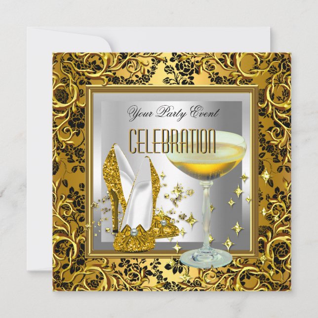 Gold Damask Silver High Heel Shoes Champagne Invitation (Front)