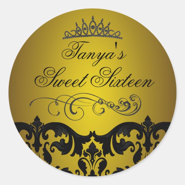 Gold Damask & Swirl Sweet 16 Envelope Sticker/seal Classic Round Sticker (Front)