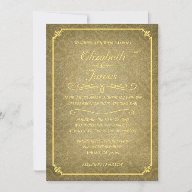 Gold Damask Vintage Chalkboard Wedding Invitations (Front)