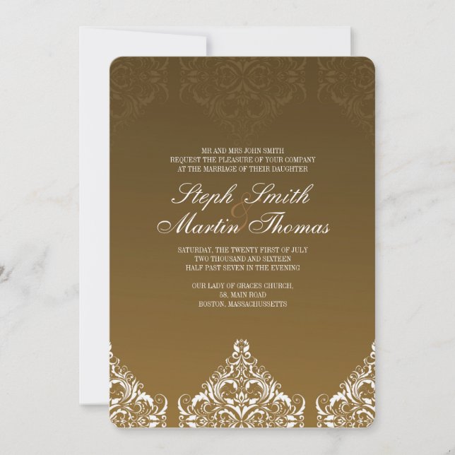 Gold Damask Wedding Invitation (Front)