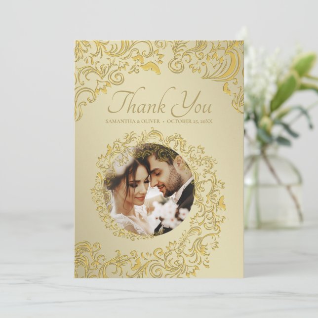 Gold Damask Wedding Thank You Photo Card (Standing Front)