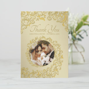 Gold Damask Wedding Thank You Photo Card