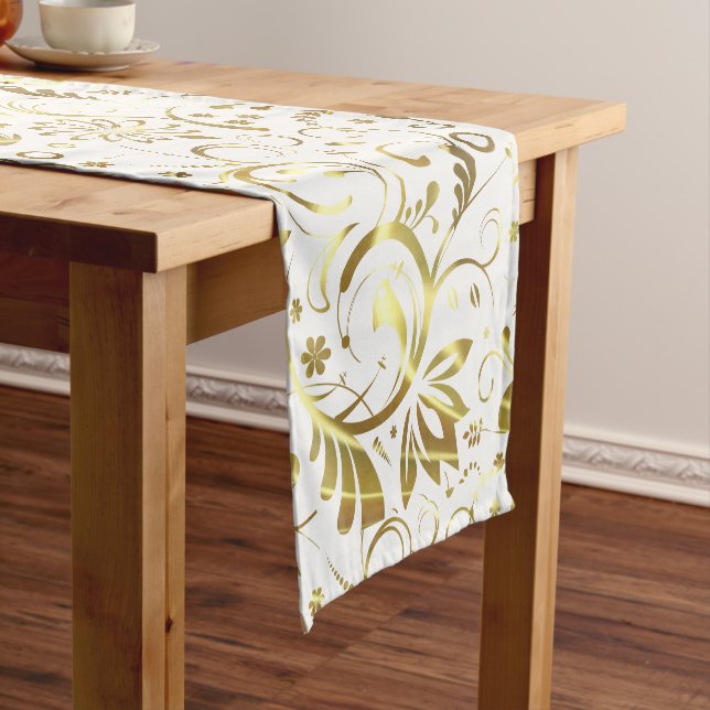 Gold Damask White Background Short Table Runner (In Situ)
