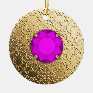 Gold Damask with a faux amethyst gemstone Ceramic Ornament