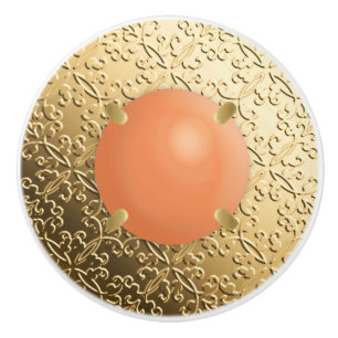 Gold Damask with a faux coral gemstone Ceramic Knob
