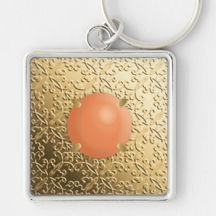 Gold Damask with a faux coral gemstone Key Ring