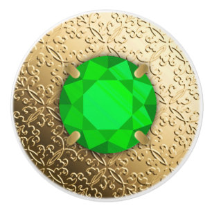Gold Damask with a faux emerald gemstone Ceramic Knob