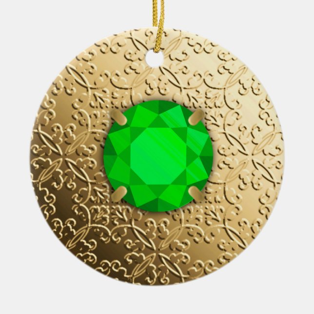Gold Damask with a faux emerald gemstone Ceramic Ornament (Front)