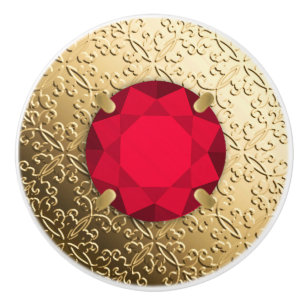 Gold Damask with a faux garnet gemstone Ceramic Knob