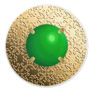 Gold Damask with a faux jade gemstone Ceramic Knob