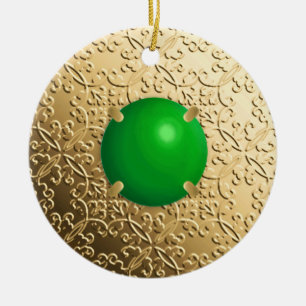Gold Damask with a faux jade gemstone Ceramic Ornament