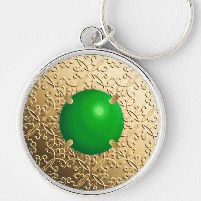 Gold Damask with a faux jade gemstone Key Ring (Front)