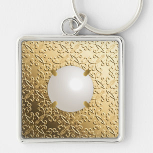 Gold Damask with a faux mabe pearl Key Ring