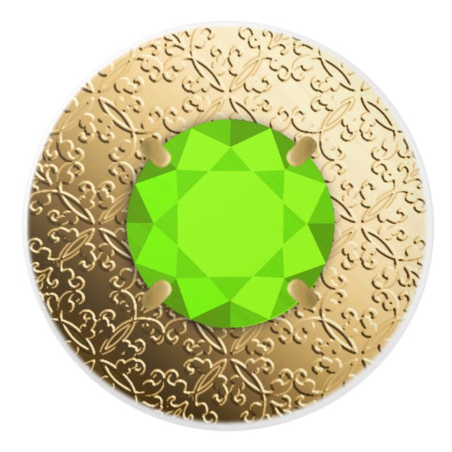 Gold Damask with a faux peridot gemstone Ceramic Knob (Front)