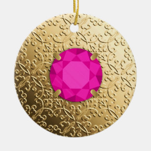 Gold Damask with a faux pink tourmaline gem Ceramic Ornament