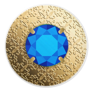 Gold Damask with a faux sapphire gemstone Ceramic Knob