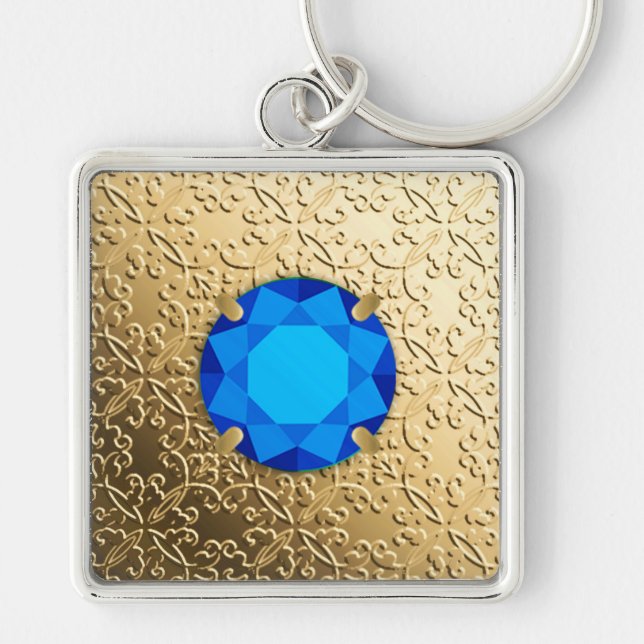 Gold Damask with a faux sapphire gemstone Key Ring (Front)