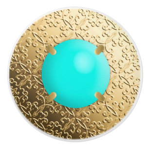 Gold Damask with a faux turquoise gemstone Ceramic Knob