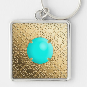 Gold Damask with a faux turquoise gemstone Key Ring