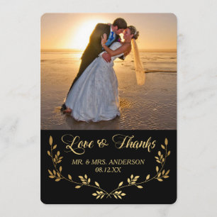 Gold Damask Wreath Photo Wedding Thank You Card