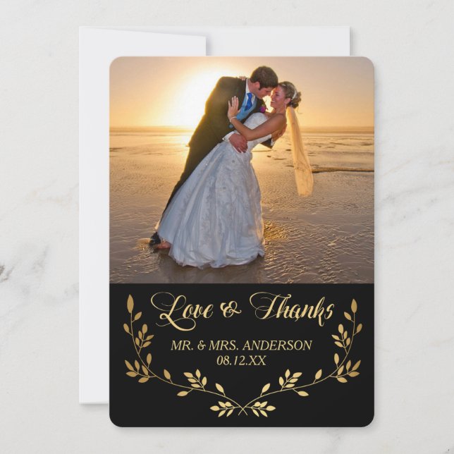 Gold Damask Wreath Photo Wedding Thank You Card (Front)