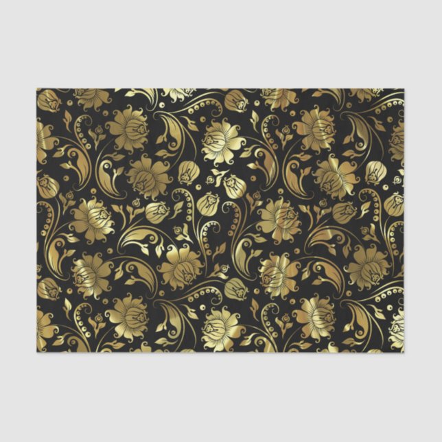 Gold Damasks &Black Background Tissue Paper (Front)