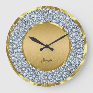 Gold Damasks & Sparkling Diamonds Glitter-Monogram Large Clock