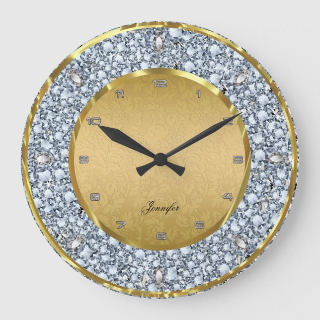Gold Damasks & Sparkling Diamonds Large Clock (Front)