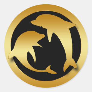 GOLD DANCING DOLPHINS CLASSIC ROUND STICKER