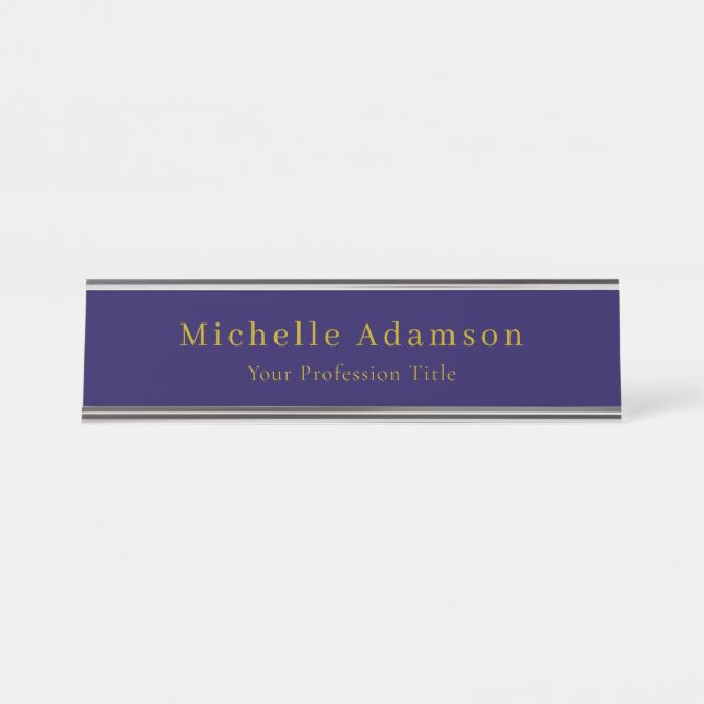 Gold & Dark Blue Colour Professional Plain Modern Desk Name Plate (Front)