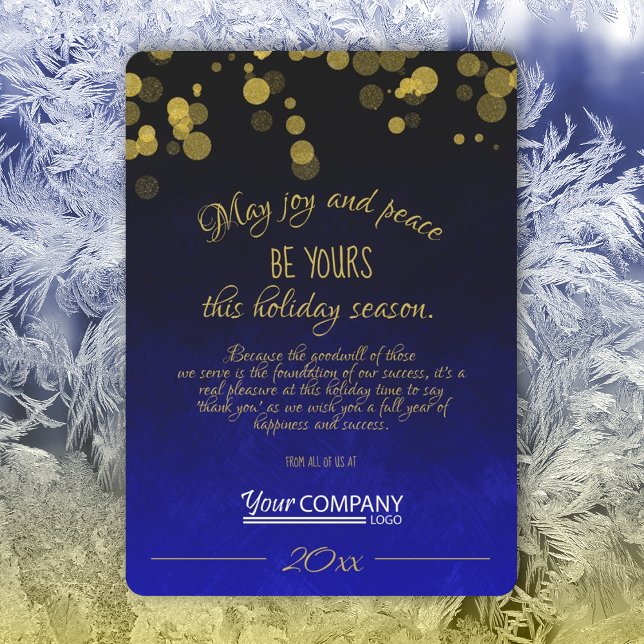 Gold, Dark Blue Company Holiday Card (Royal Blue, Dark Blue, Gold Shimmers Lights Company Holiday Christmas Cards with Business Logo)