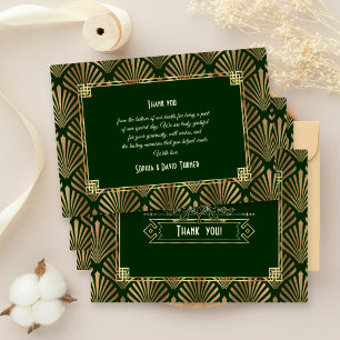 Gold Dark Green Art Deco 20s Wedding Thank You Card