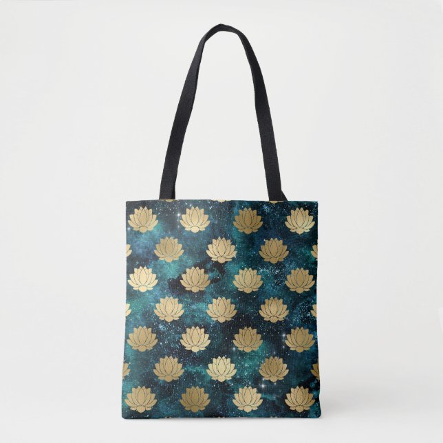Gold & Dark Green Galaxy Dharma Mandala Pattern Tote Bag (Front)