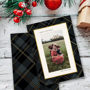 Gold & Dark Green Tartan Merry Christmas Photo Holiday Card