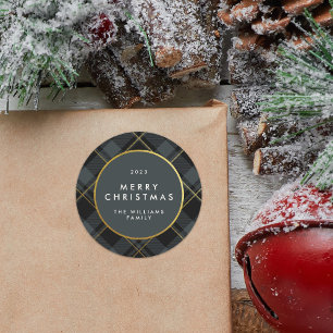 Gold & Dark Green Tartan Plaid Merry Christmas Classic Round Sticker