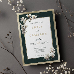Gold dark green white elegant orchid Wedding Invitation