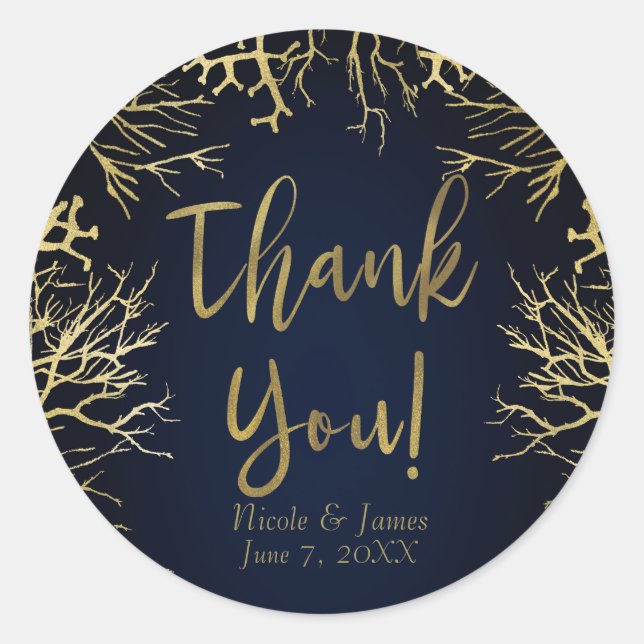 Gold & Dark Navy Blue Elegant Coral Wedding Classic Round Sticker (Front)