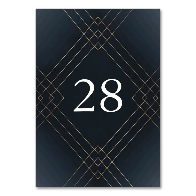 Gold Dark Navy Elegance Diamond Geo Deco Wedding Table Number (Front)