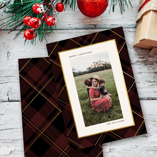 Gold & Dark Red Tartan Merry Christmas Photo Holiday Card (Creator Uploaded)