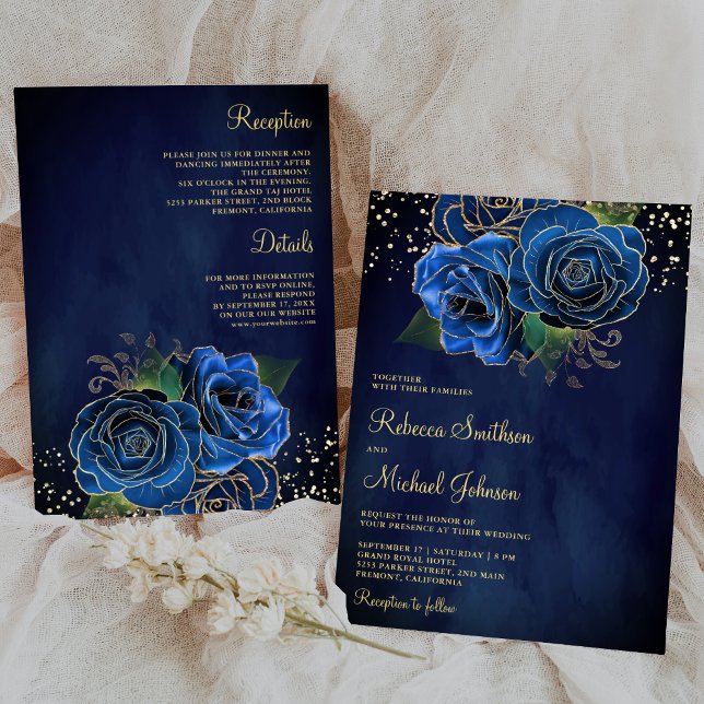 Gold Dark Royal Blue Floral All in One Wedding Invitation (Creator Uploaded)