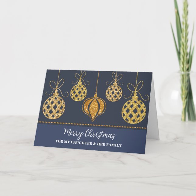 Gold Decorations Daughter & Family Merry Christmas Card (Front)