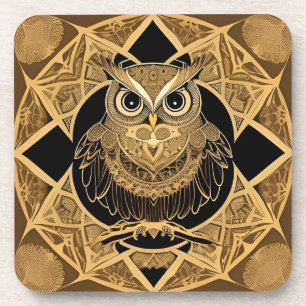 Gold Decorative Owl Mandala Design Coaster